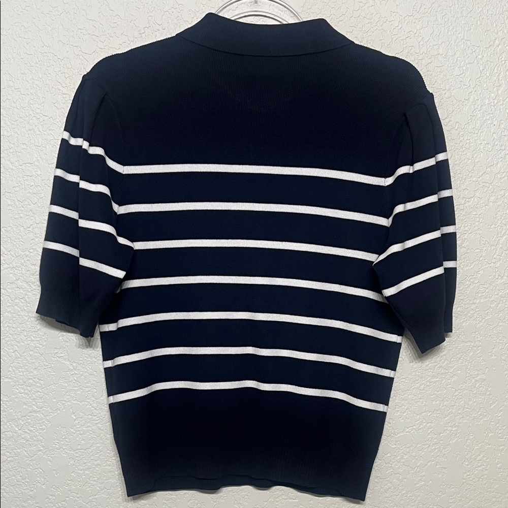 Navy Blue & White Women’s Medium Striped Button Down Shirt - Picture 5 of 5